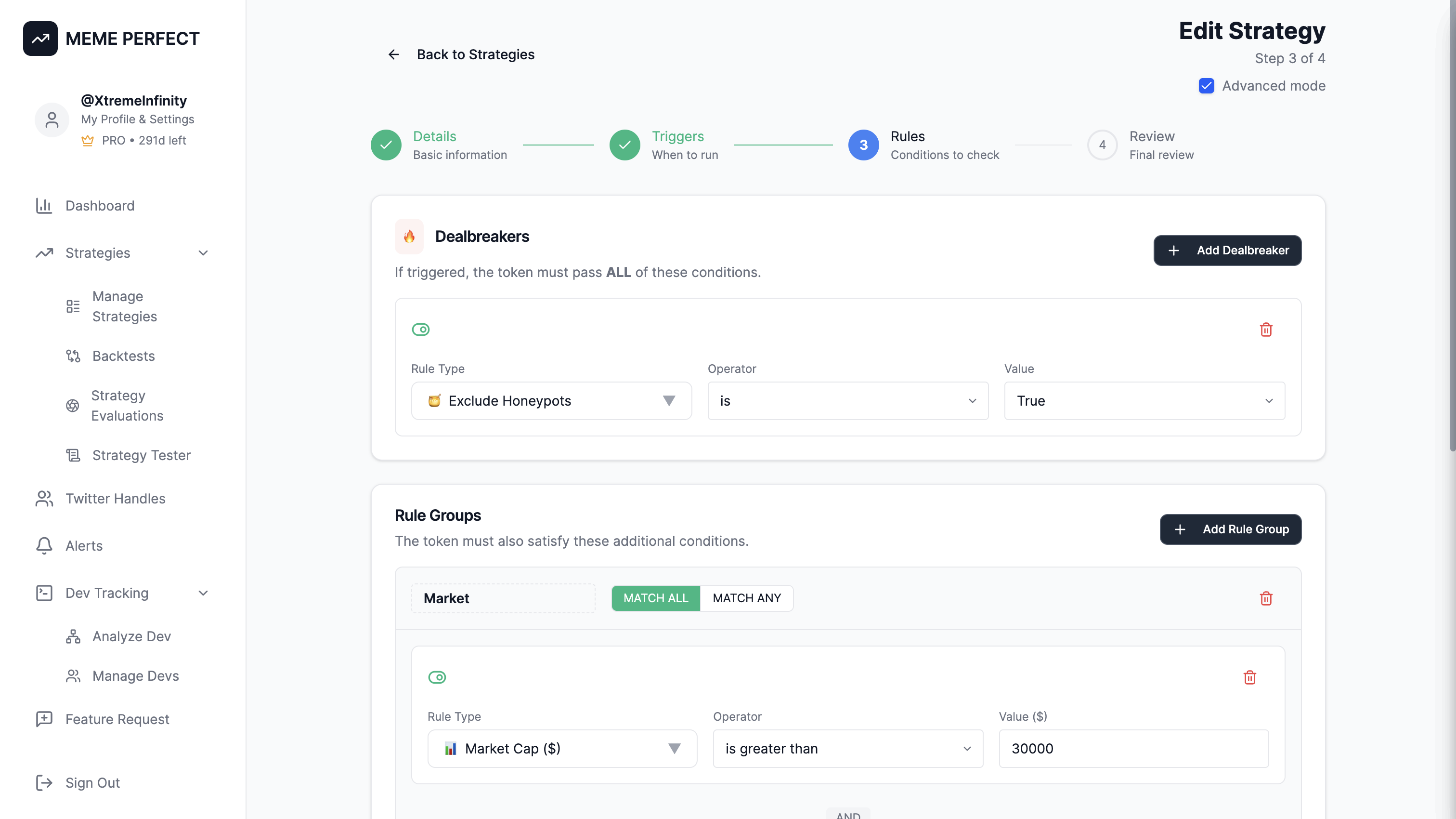 MemePerfect Strategy Editor Interface